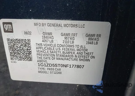 2022 Chevrolet Malibu Lt z USA, uszkodzony, nr VIN 1G1ZD5ST0NF177807